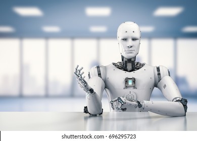 3d rendering humanoid robot sitting behind table on white background