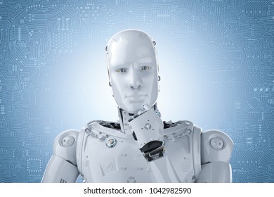 3d rendering humanoid robot thinking on blue circuit background