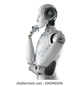 3d rendering humanoid robot thinking on white background