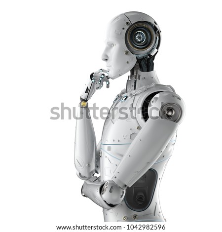 3d rendering humanoid robot thinking on white background