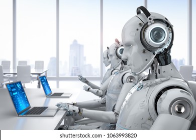 3d rendering humanoid robot working with headset and notebook
