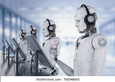 3d rendering humanoid robot working with headset and monitor