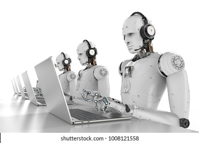 3d rendering humanoid robots working with headset and notebook
