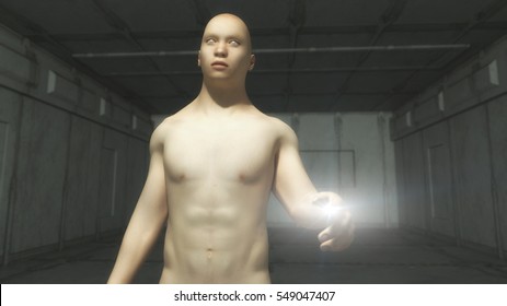 3d rendering. Humanoid touching the screen