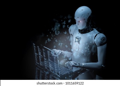 3d rendering humsnoid robot working on glass laptop
