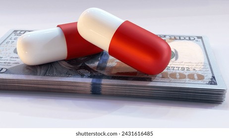 3d rendering of hundred dollar bills and a drug capsule - Powered by Shutterstock