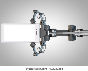 3D Rendering: Hydraulic Arm Grabs For A Mobile Device.