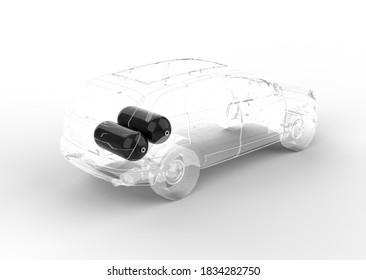 3D Rendering. Hydrogen Car. 2 Carbon Fiber Tanks. Zero Emission Electrified Car Alternative. Concept Schematic View.