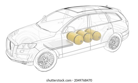 3D Rendering. Hydrogen Car. 2 Carbon Fiber Tanks. Zero Emission Electrified Car Alternative. Components Schematic View.