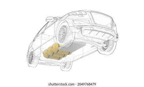 3D Rendering. Hydrogen Car. 2 Carbon Fiber Tanks. Zero Emission Electrified Car Alternative. Components Schematic View.