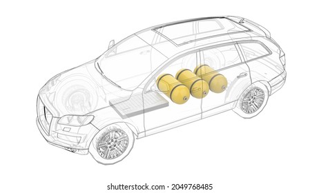 3D Rendering. Hydrogen Car. 2 Carbon Fiber Tanks. Zero Emission Electrified Car Alternative. Components Schematic View.