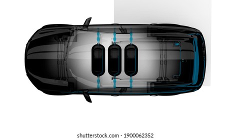 3D Rendering. Hydrogen Car With 3 Carbon Fiber Hydrogen Tanks. Top View. FCV. Concept Schematic View. Zero Emission Electrified Car Alternative.