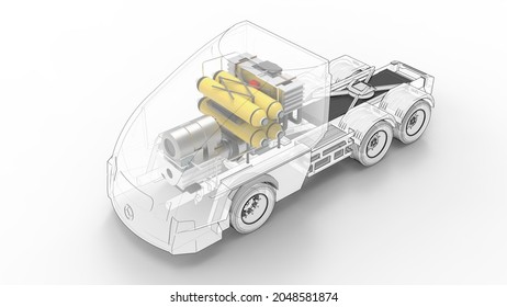 3D Rendering. Hydrogen Truck Component Representation.FCV (Fuel Cell Vehicle). Zero Emission Electrified Lorry Alternative.