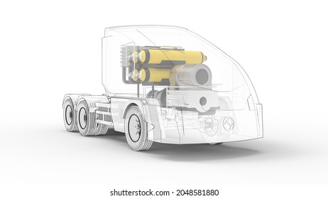 3D Rendering. Hydrogen Truck Component Representation.FCV (Fuel Cell Vehicle). Zero Emission Electrified Lorry Alternative.