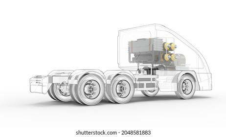 3D Rendering. Hydrogen Truck Component Representation.FCV (Fuel Cell Vehicle). Zero Emission Electrified Lorry Alternative.