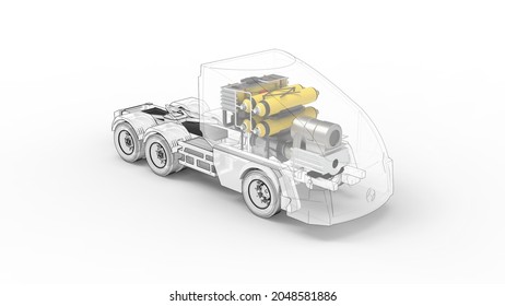 3D Rendering. Hydrogen Truck Component Representation.FCV (Fuel Cell Vehicle).Isometric View. Zero Emission Electrified Lorry Alternative.