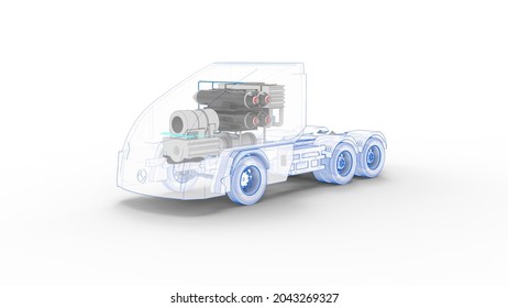 3D Rendering. Hydrogen Truck Representation.FCV (Fuel Cell Vehicle). Zero Emission Electrified Car Alternative.