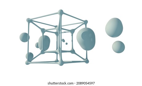 3d rendering of a hypercube with droplets flying through the center. The tesseract is blue, isolated on a white background. 3d model of a hypercube symbolizing the fifth dimension. Futuristic object.