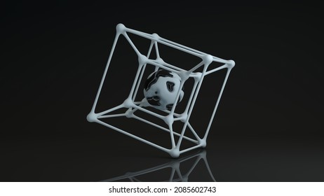 3d rendering of a hypercube. A tesseract above a reflective surface, a 3D model of a hypercube symbolizing the fifth dimension. Futuristic object.