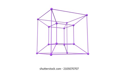 3d rendering of a hypercube. The tesseract is purple, isolated on a white background. 3d model of a hypercube symbolizing the fifth dimension. Futuristic object.
