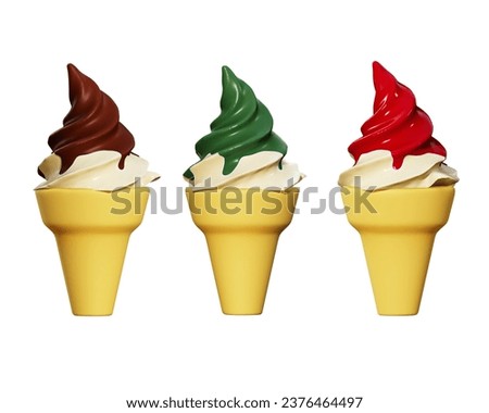 3D rendering of icecream cone, chocolate, cherry and matcha green tea ice scream