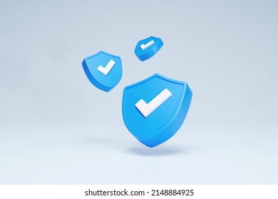 3D Rendering Icon Safety Shield Check Mark Perspective Set View Blue Color Background