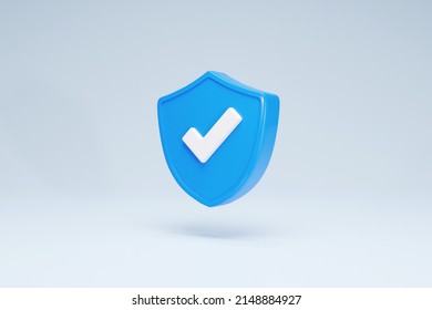 3D Rendering Icon Safety Shield Check Mark Side View Blue Color Background