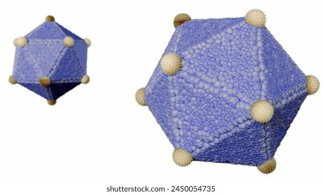 3d rendering of The icosahedral structure of viruses. Viruses with an icosahedral structure include: Poliovirus, Rhinovirus, and Adenovirus