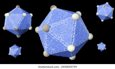 3d rendering of The icosahedral structure of viruses. Viruses with an icosahedral structure include: Poliovirus, Rhinovirus, and Adenovirus