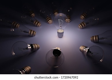 3D rendering  idea concept image with luminous realistic light bulb.