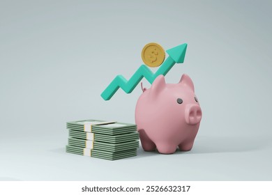 3D rendering of ideas for increasing savings. It shows a piggy bank with a stack of bills, an arrow pointing up, and a dollar coin. in wealth accumulation and financial growth