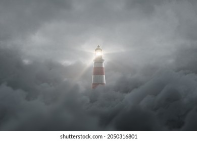 3d rendering of an illuminated lighthouse over fluffy darken clouds