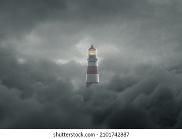 3d rendering of an illuminated lighthouse over fluffy darken clouds