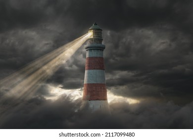 3d rendering of an illuminated lighthouse over fluffy clouds and dark sky