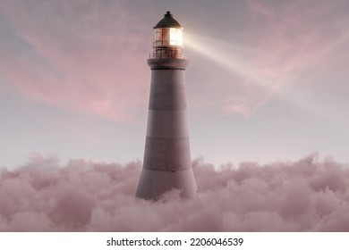 3D rendering of an illuminated lighthouse over fluffy pink clouds