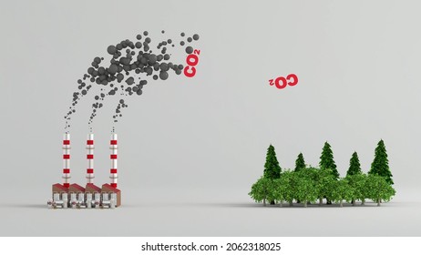 3d rendering to illustrate carbon neutrality. Carbon dioxide emitted from fossil fuels is neutralized with forest.