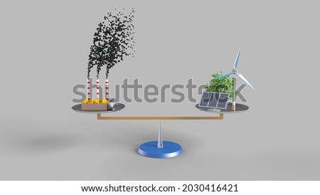 3d rendering to illustrate carbon neutrality. Carbon dioxide emitted from fossil fuels is neutralized with renewable energy. Foto stock © 