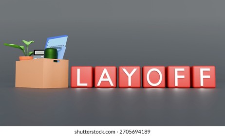 A 3D rendering illustrating the concept of a layoff or job loss. a standard cardboard moving box filled with typical office items, a sudden departure from a workplace. 