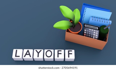 A 3D rendering illustrating the concept of a layoff or job loss. a standard cardboard moving box filled with typical office items, a sudden departure from a workplace. 