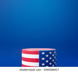 3d Rendering Illustration For 4th Of July Celebration Unit, Presidents Day Banner. America Blank Display Podium Stand On Blue Background Scene Abstract. US Pedestal Winner Stage Design.