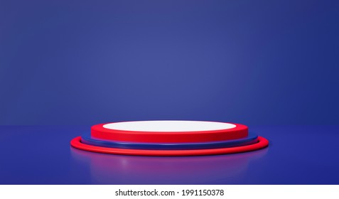 3d rendering illustration for 4th of July celebration unit, presidents day banner. American with blank display podium stand on blue background scene abstract. US pedestal winner.
