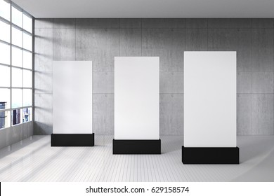 3D rendering : illustration of Abstract architecture white gallery room interior, gallery board show room, cement concrete wall and wooden tile floor. mock up interior style. clipping path