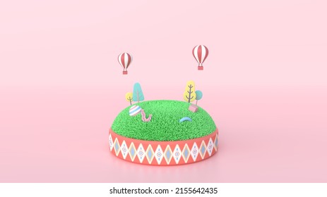 3D Rendering Illustration Abstract Round Park Podium With Pink Colour And Hot Air Baloon