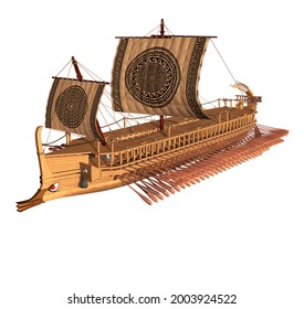 3D Rendering Illustration of an Ancient Trireme of the Classic Greece; with wooden structure, 170 oars, two mast for square sails, ropes, rudders and a bronze ram in the prow for attack enemy ships.