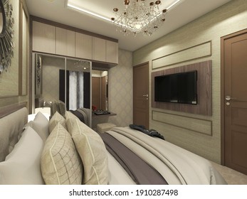 3d Rendering, 3d Illustration - Bedroom Design With Indirect Lighting And Hanging Cristal Lamp. There Is Including Simple Tv Panel With Wooden Material, Wardrobe With Mirror Doors, And Bed Cover. 