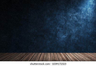 3d Rendering Illustration Of Big Modern Room With Blue Plaster Wall, Wooden Floor And Plinth. Interior With Bright Spotlights. Studio, Showroom, Photostudio, Stage.