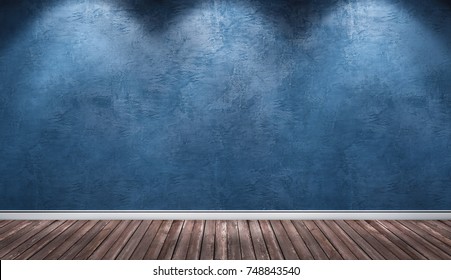 3d Rendering Illustration Of Big Modern Room With Blue Plaster Wall, Wooden Floor And White Plinth. Interior With Three Spotlights. Studio, Showroom, Photostudio, Stage.