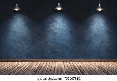 3d Rendering Illustration Of Big Modern Room With Blue Plaster Wall, Wooden Floor And Plinth. Interior With Three Hanging Spotlight Copper Lamps. Studio, Showroom, Photostudio, Stage.