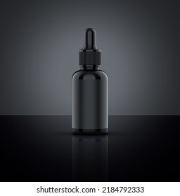 3d Rendering Illustration Black Dropper Bottle Mockup, Black Background