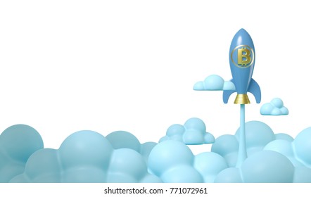 3d Rendering Illustration Of Blue Bitcoin Rocket Fly To Sky On White Background. Express High Growth Value Of Bitcoin.